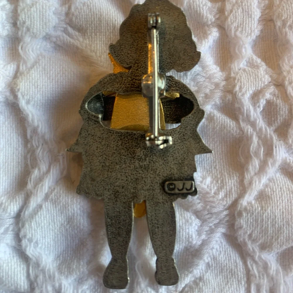Cat Hug Girl Vintage JJ Jonette Pin - Gold & Silver Metal